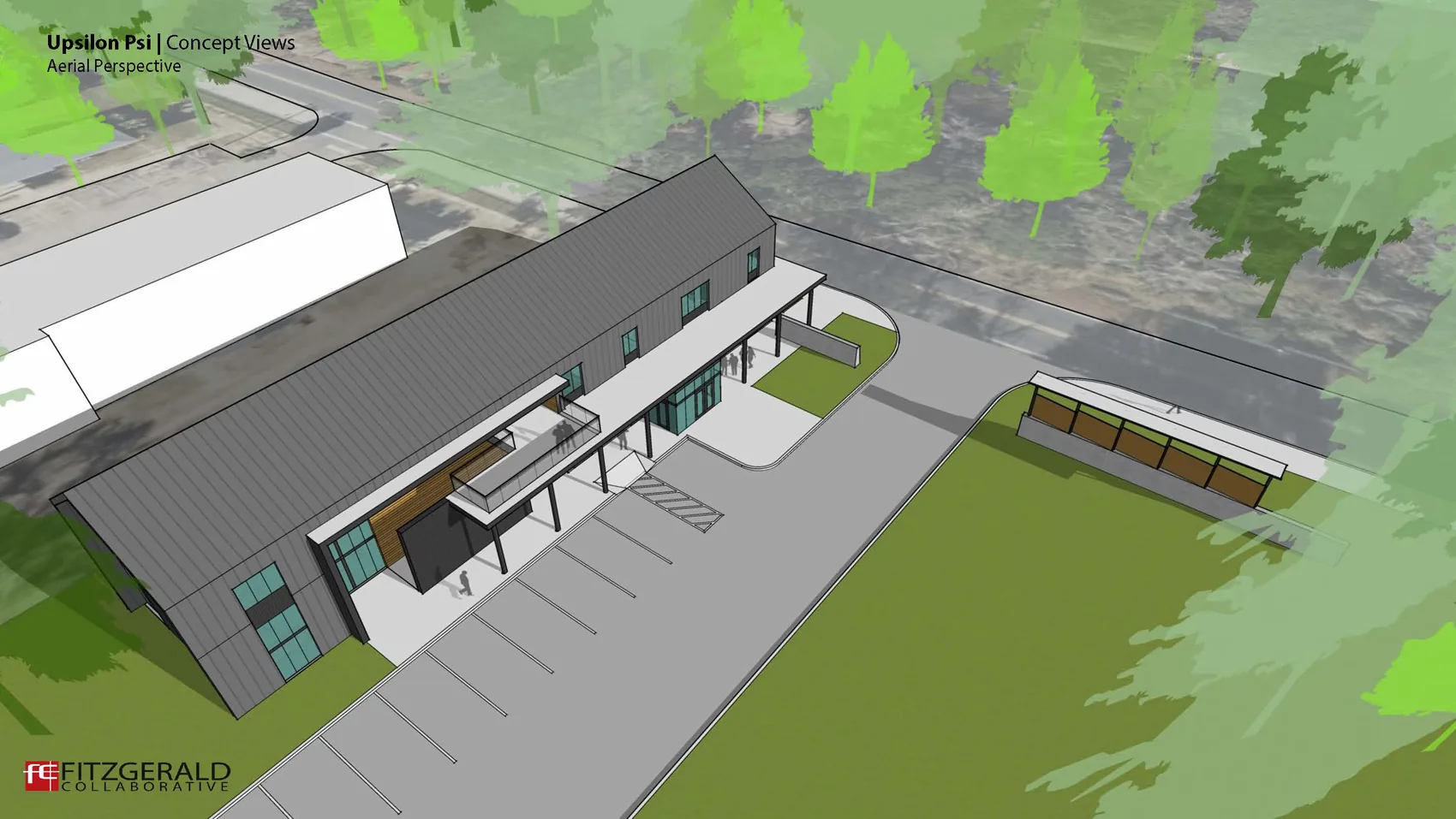 Aerial rendering showing the long gabled building parallel to the parking court, with the canopy walk, second-floor balcony, and the separate legacy kiosk across the drive.