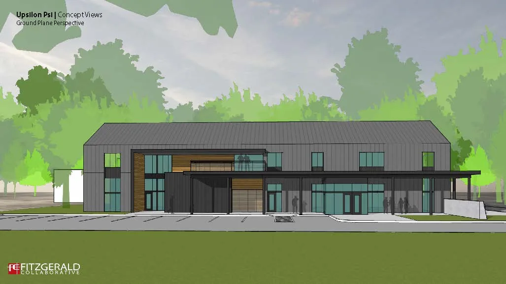 Rendering of the long west elevation, showing the canopy, glazed event hall, cedar-clad entry bay and second-floor balcony.