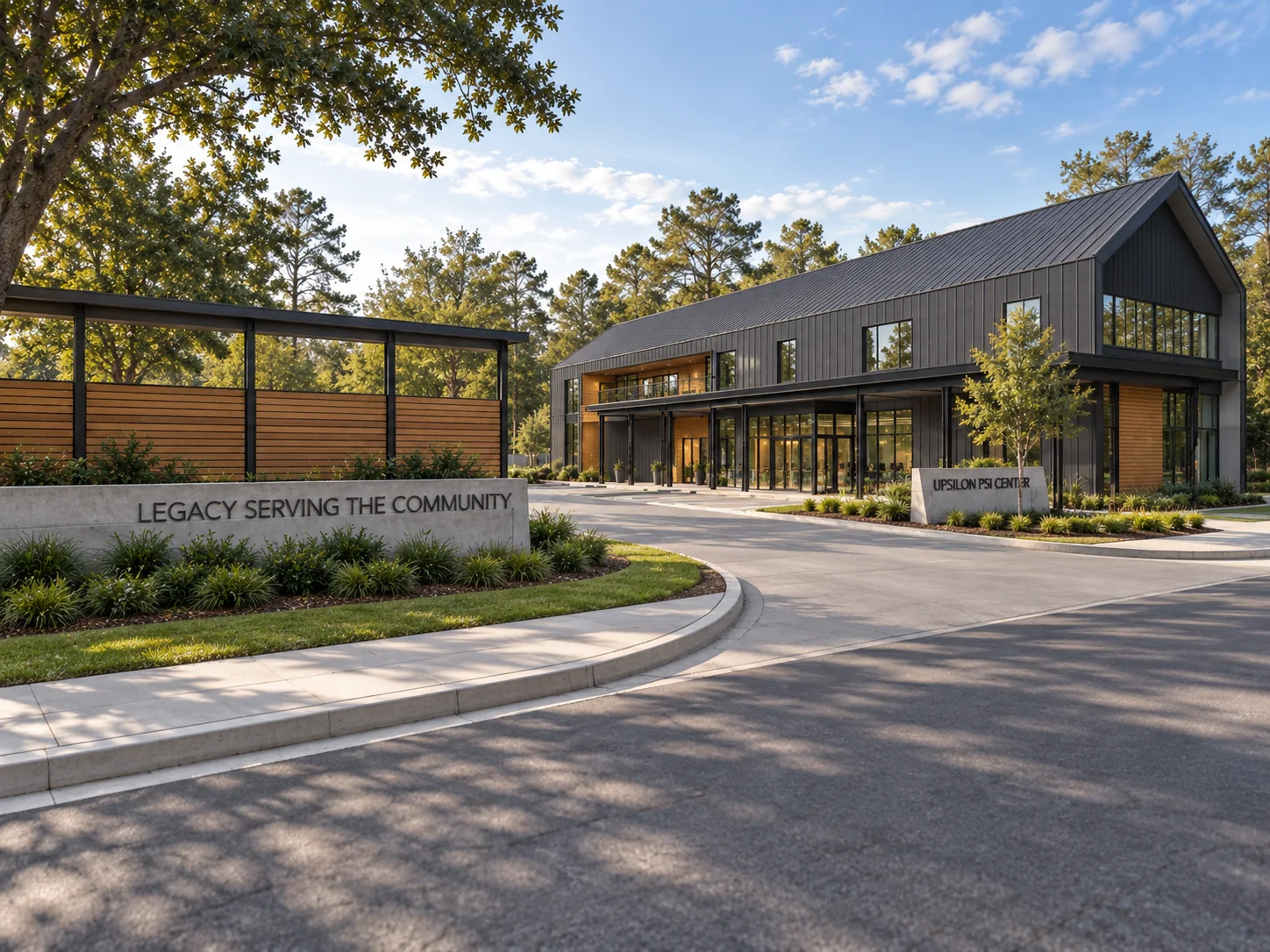 Rendering of the Upsilon Psi Center from the site entry: a dark standing-seam gabled building with a long canopy and glazed hall at right, and the legacy kiosk with its LEGACY SERVING THE COMMUNITY signage wall at left.