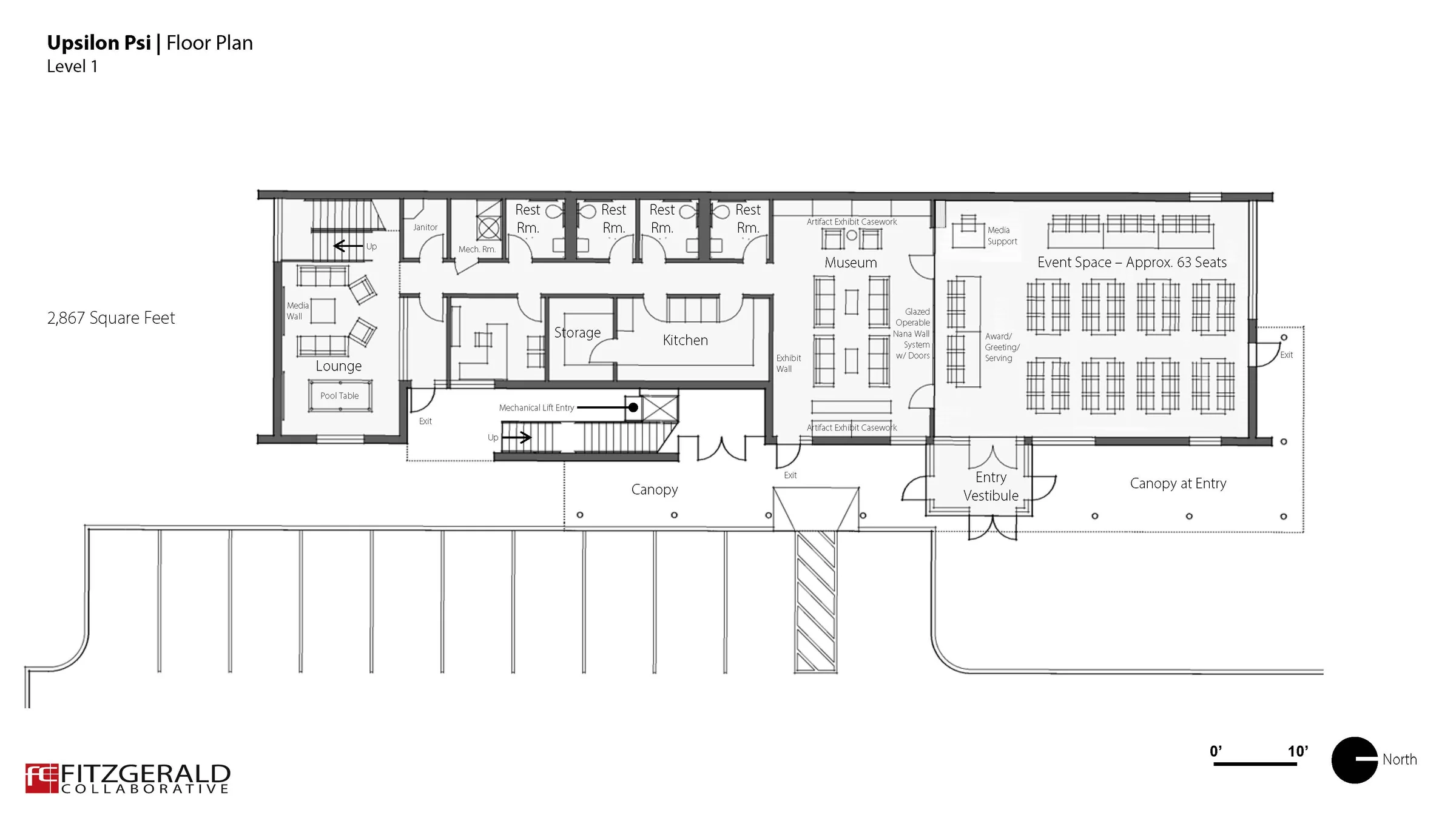 Level 1 floor plan showing entry vestibule, 63-seat event space, museum with artifact casework, kitchen, storage, four restrooms, lounge with pool table, stair and mechanical lift.