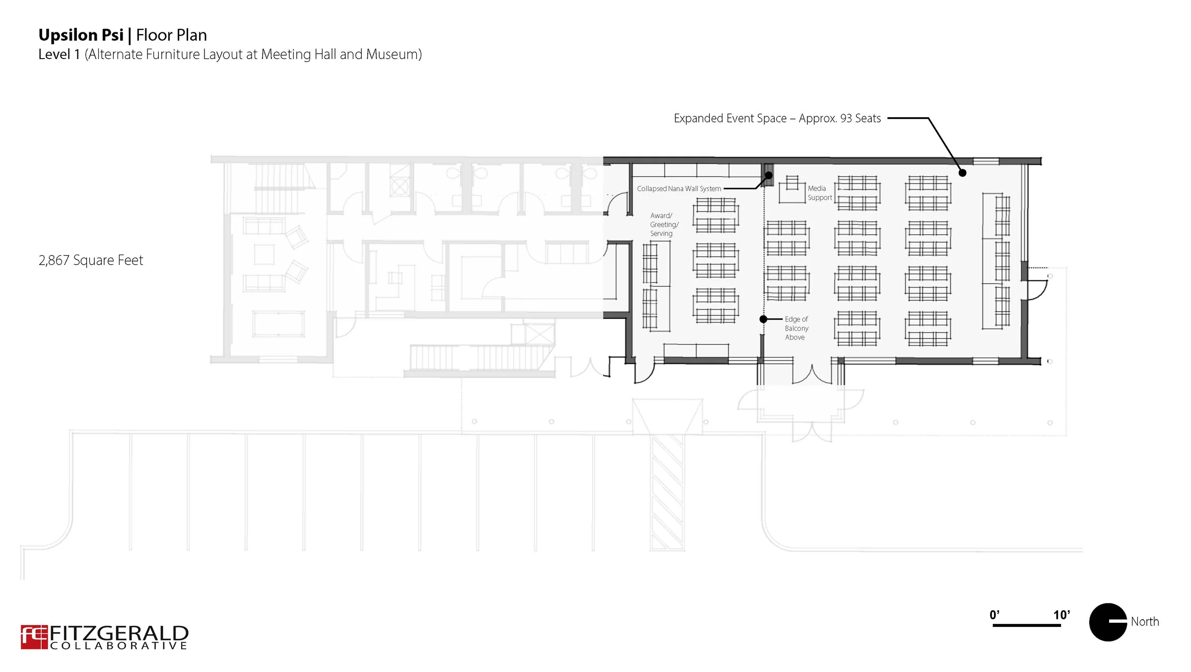 Level 1 alternate layout with the operable glazed wall collapsed, combining museum and event space into one 93-seat room.