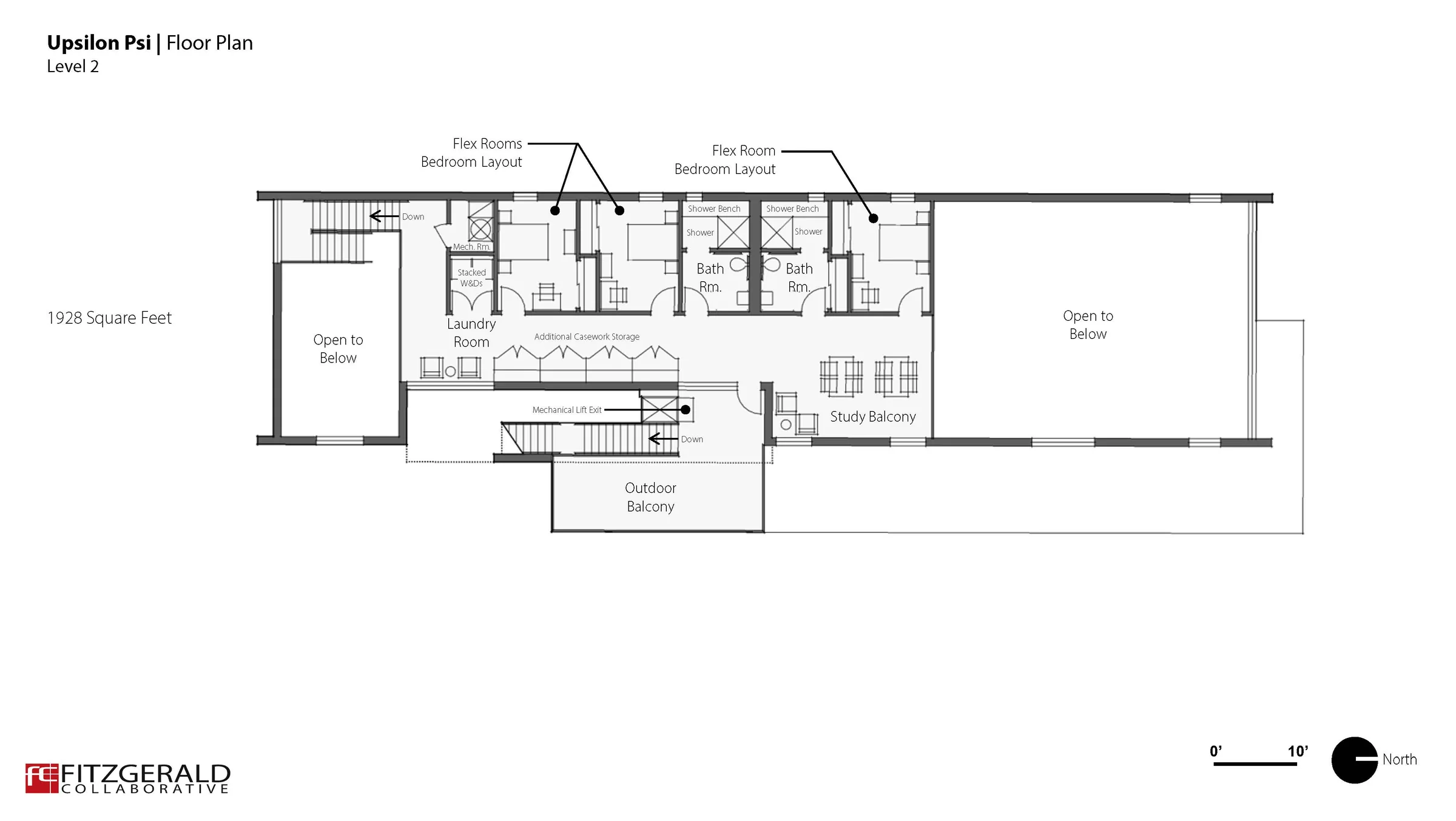 Level 2 floor plan with three flex rooms furnished as bedrooms, two bathrooms with shower benches, laundry room, casework storage, study balcony and outdoor balcony.