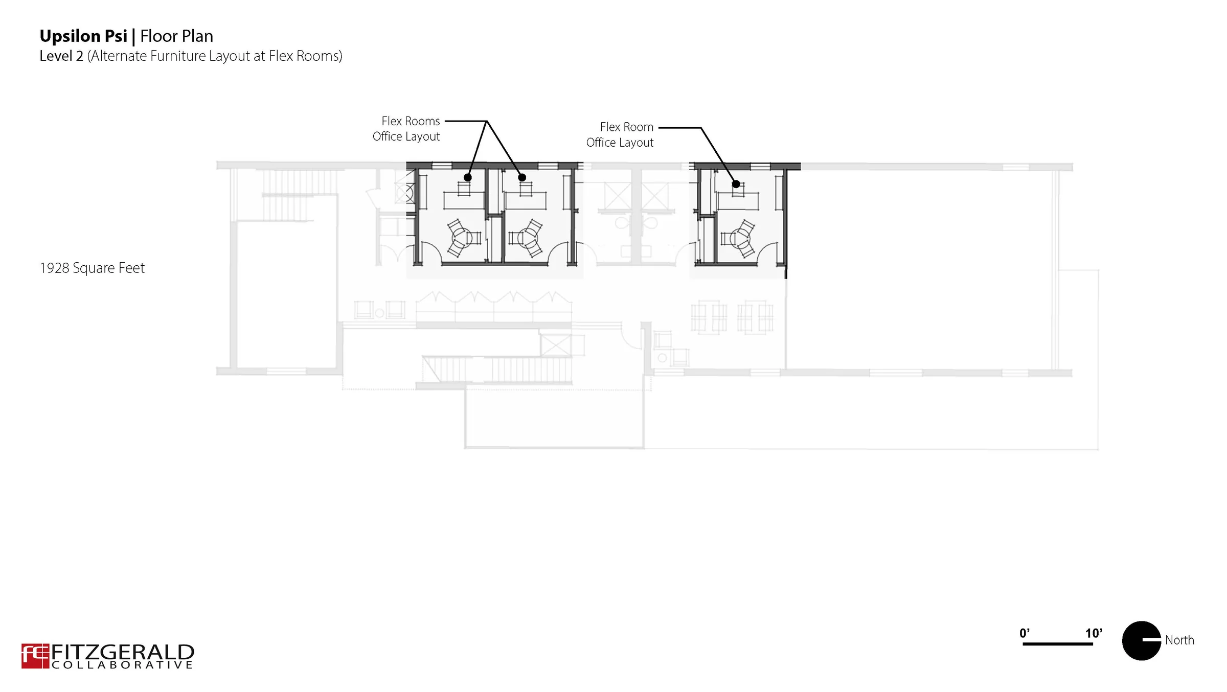 Level 2 alternate layout with the same three flex rooms furnished as offices with desks and small conference tables.